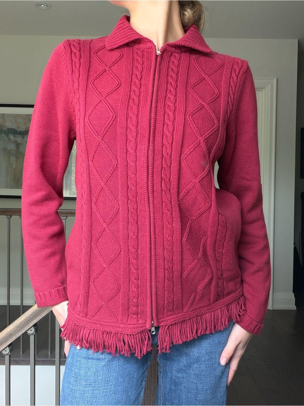 Women's Cable-Knit Zip-Front Cardigan with Fringe - Red